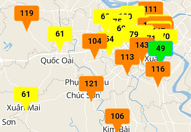 Nhiều khu vực tại Hà Nội có chất lượng không khí ở mức kém